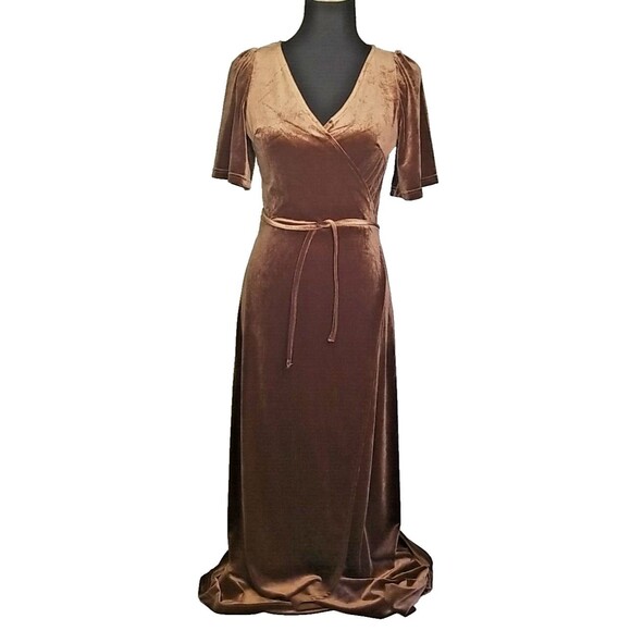 *NWT* MEROKEETY Womens Small Copper Brown Velour Long Wrap Dress Maxi        T37 - Picture 1 of 10